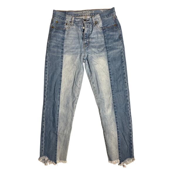 American Eagle Vintage Hi-Rise Two Tone Raw Hem Button Fly Ankle Jeans Size 6 - Picture 2 of 9